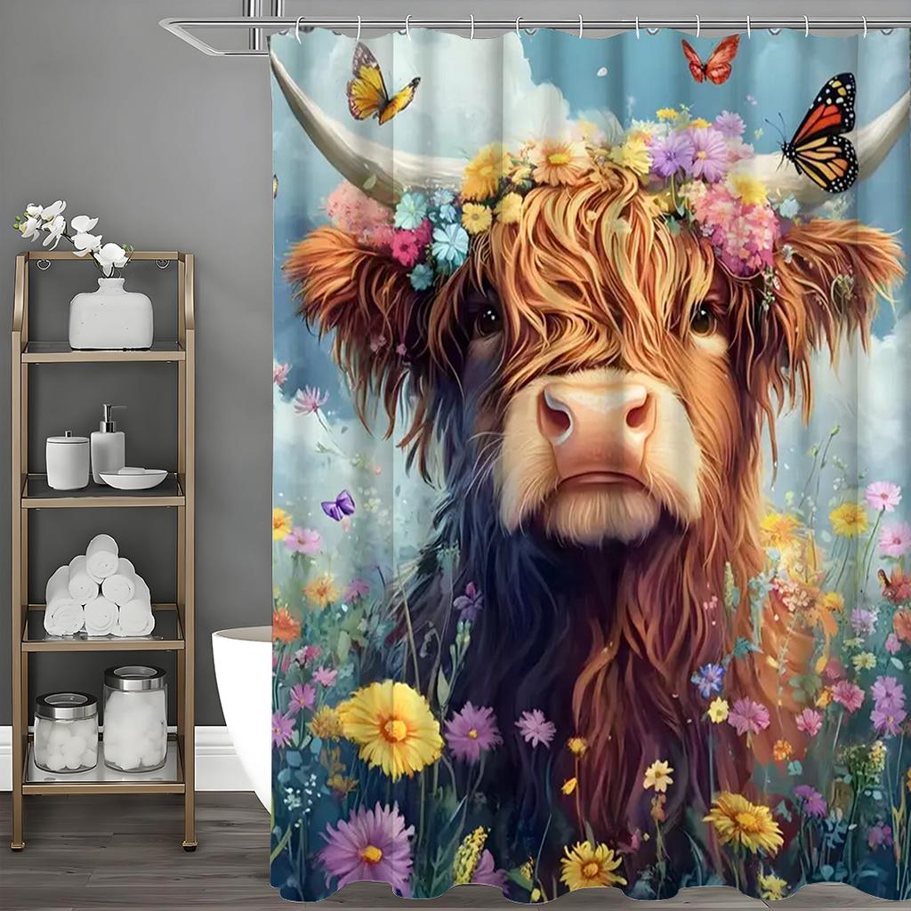 Cow Shower Curtain with 12 Hooks Rustic Country Farmhouse Animal Vintage Wildflower Petal Brown Polyester Waterproof Fabric Gues