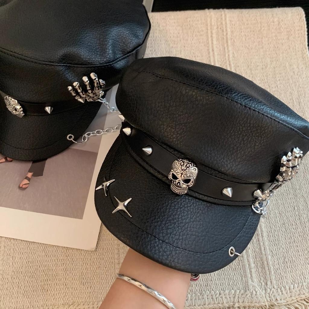 Dark Punk Style Rivet Leather Black Beret Female Y2k Subculture Hottie Shows Face Little Painter Hat Tide