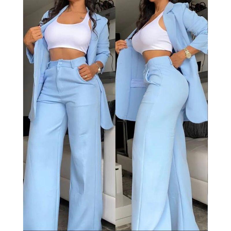 European and American Summer Women clothes Temperament Solid Split Sleeve Lapel Suit Straight Pants Set Women's Pants Suit Women