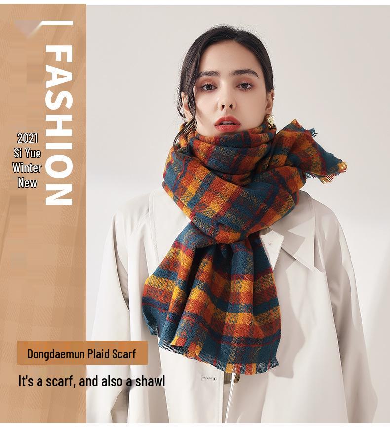 Women's Fashionable Plaid Scarf - 2025 Korean Style Warm Faux Cashmere Autumn/Winter Shawl
