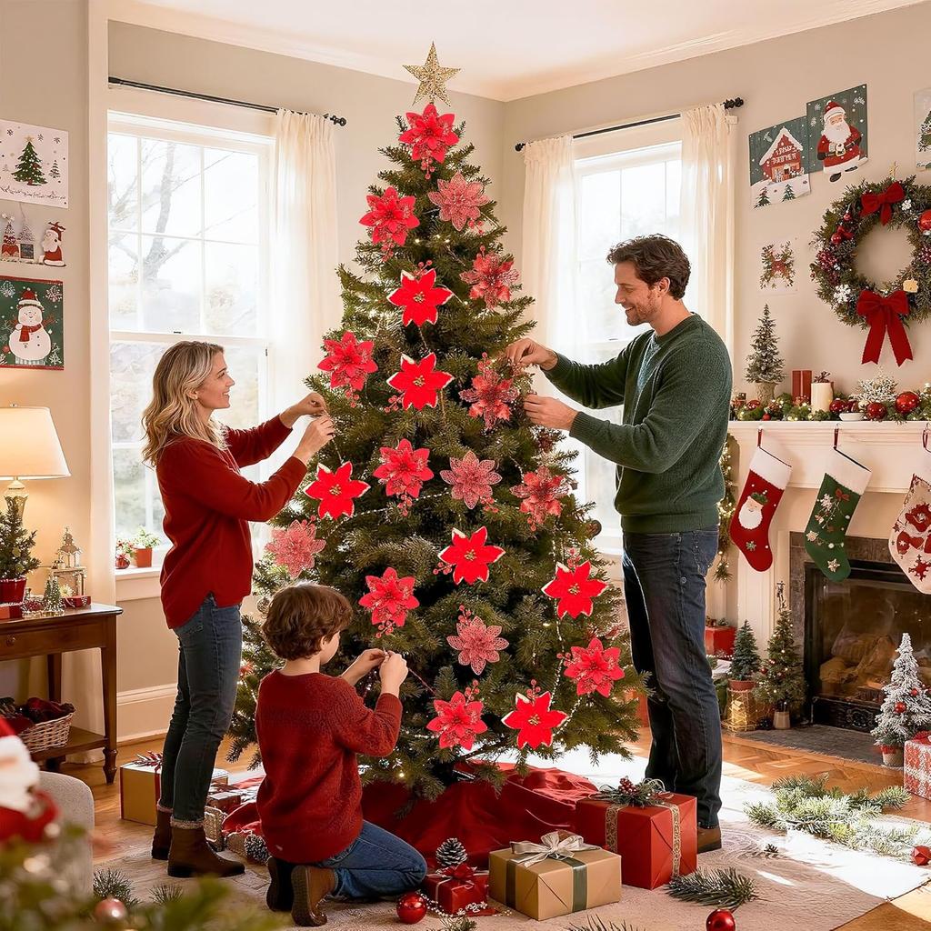 36 Pcs Artificial Poinsettia Flowers with Clips & Berry Stems, Red Glitter Christmas Tree Decor for Wreath, Fireplace, Stairs