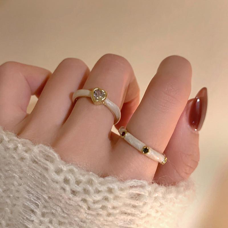 2023 Chic Ins Style Double Layer Drip Glazed Heart Zircon Ring Women For