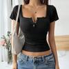 Women Tops Slim Fit Square Shirt Pure Color Neck Rib Knitted Short Sleeve Lace Splicing Stretchy