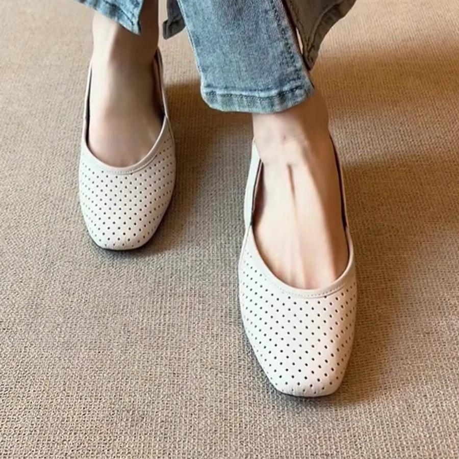 Super soft leather~ French cool single shoes women's square head hollow hole shoes retro shallow mouth hollow breathable Mary Jane shoes
