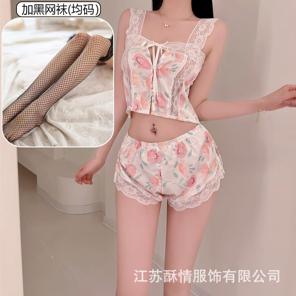 Crispy Sexy Sweet and Spicy Women's Summer Ice Silk Thin Pure Desire Suspender Shorts Two-piece Set Lace Temptation Set