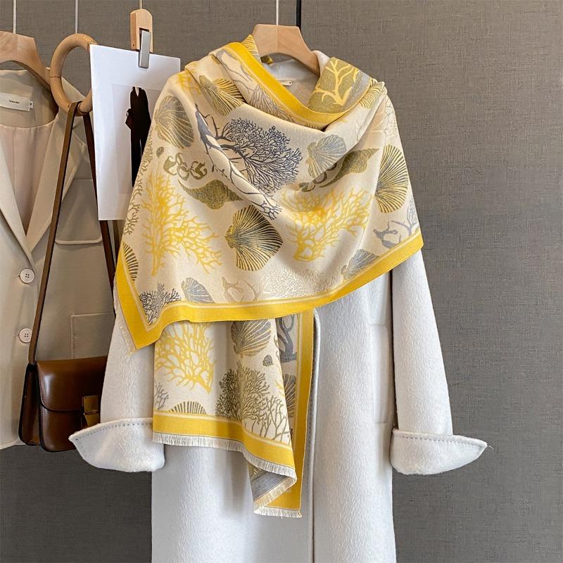 Autumn Warm Shawl Fashionable Versatile Marine Element Printed Scarf Femininity Long Style with Imitation Cashmere Scarf