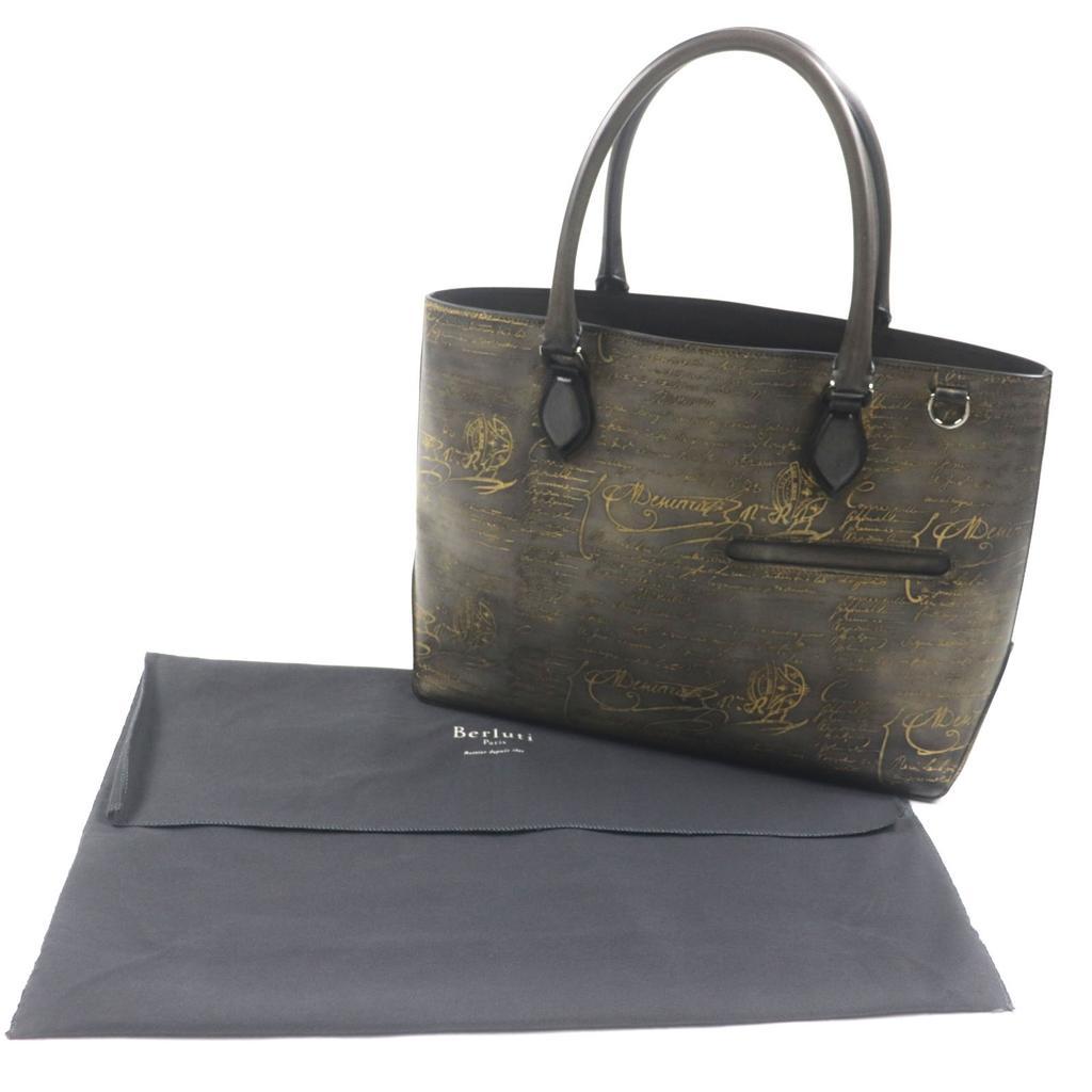 Excelente Bolsa Tote BERLUTI To joule Caligráfica Pátina Dourada Cinza scritto Usada