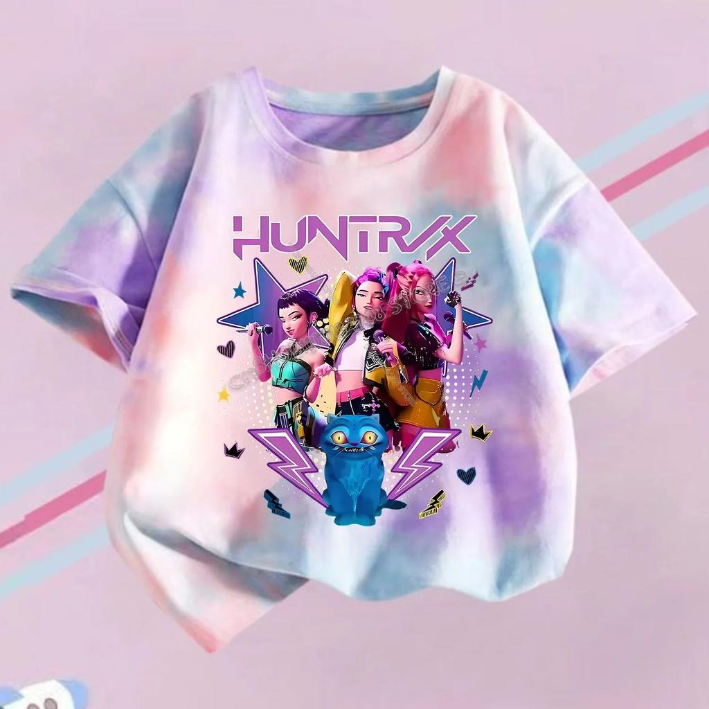 KPop Demon Hunters T-shirt Children Purple Tie-dye Top Girls O Collar Clothing Short Sleeve Tee Kids Summer/Autumn Clothes Gift
