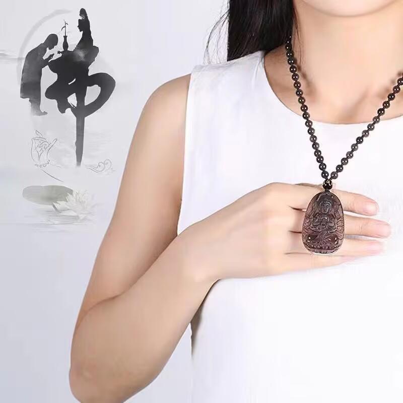 Obsidian Zodiac Pendant Necklace Featuring Akasagarbha, Samantabhadra, and Manjushri Bodhisattvas for the Twelve Zodiac Signs