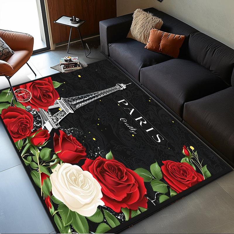 Romantic Paris Eiffel Tower Roses Rug - French Inspired Home Decor, Elegant Black Background with Red and White Flowers 50x80cm