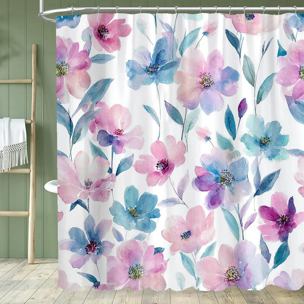 1pc Beautiful Blue Flowers Shower Curtain, Bathroom Decorative Curtain, Floral Printed Polyester Home Curtain with Hooks