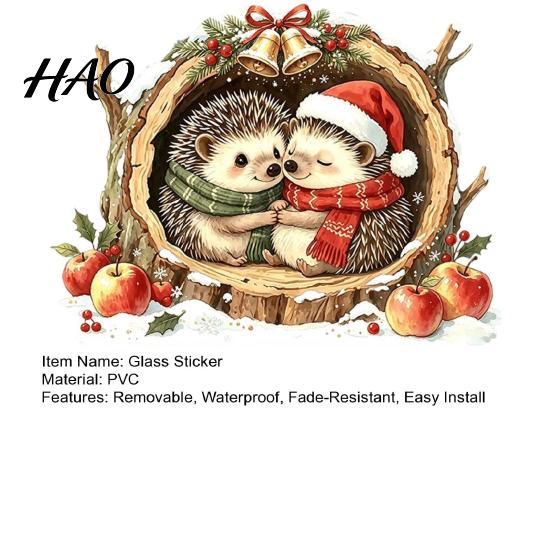 Waterproof Holiday Glass Decor Watercolor Christmas Hedgehog Static Window Cling, Cozy Tree Hole Winter Atmosphere Scenes Sticker, No?Glue