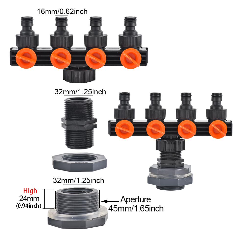 IBC Faucet Adapter PVC Bulkhead Adapter with 4-Way Water Splitters Valve Garden Hose Fitting For 1000L Outdoor Water Tank