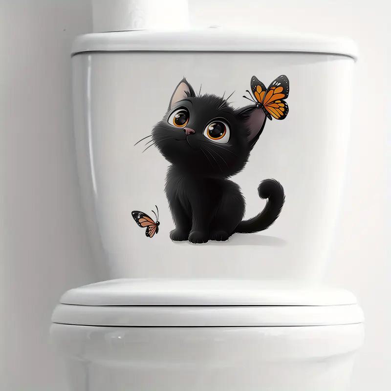 3D Cute Black Cat Butterfly Kawaii Toilet Wall Sticker Self-Adhesive Waterproof Removable Bathroom Home Decor Art