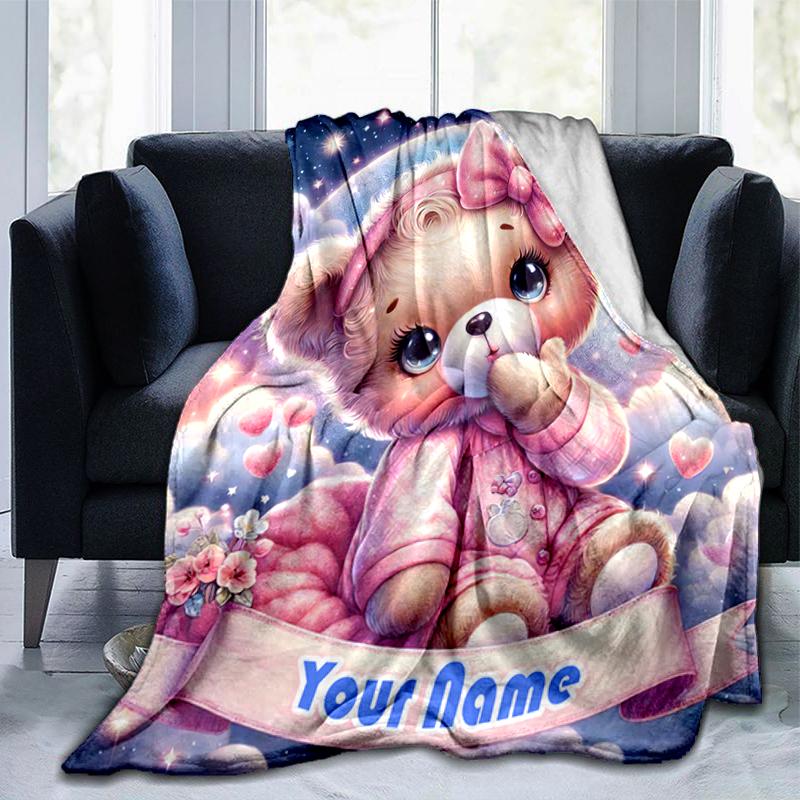 1PC Custom Name Pink Teddy Bear Dreams Flannel blankets Patterns Throw Blanket All-Season Soft Gift for Couch, Bed, Camping gifts