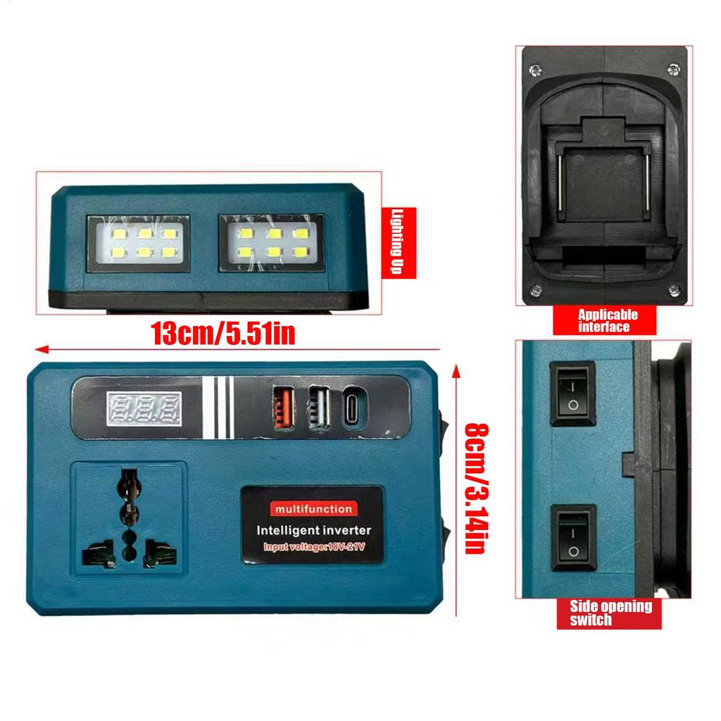 Batterie-Wechselrichter 21V Eingebaute LED-Leuchte Power-Inverter für Fahrzeug Tragbarer Generator-Ladegerät für Auto Camping Outdoor Zuhause LKW