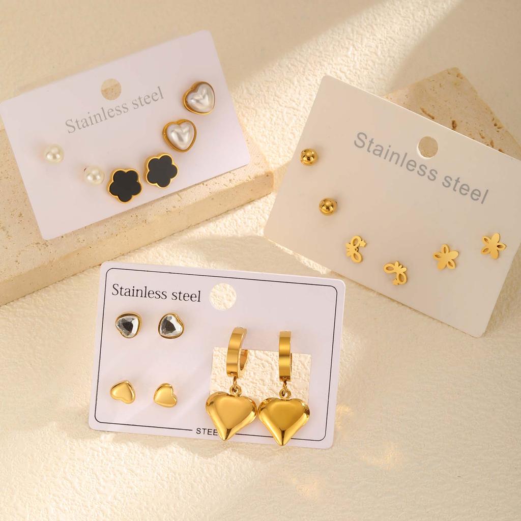 Dreiteiliges Set Ohrstecker für Damen, Hohl, Schleife, Blume, Herz, Edelstahl, Ohrstecker-Set, Großhandel Schmuck Geschenk