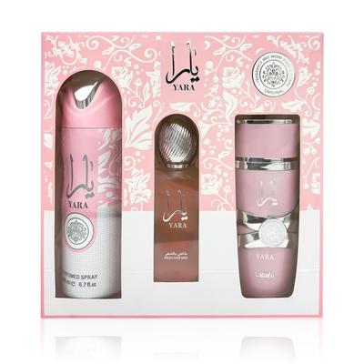Lattafa Yara Candy Parfémové Trio Set pro Ženy, Blízkovýchodní Arabská Vůně, Sladká Vůně Cukroví, Dlouhotrvající, Dárková Krabička