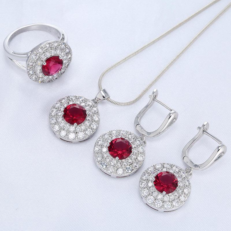 Mode runden roten Kristall Strass Silber Farbe Ehering Ohrring Halskette Set