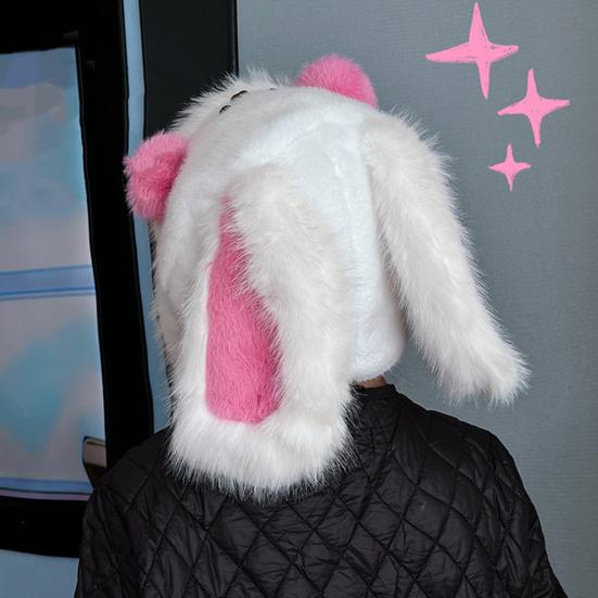 Winter Hat Rabbit Ear Decor Lace-up Elastic Warm Hat Winter Thickened Plush Windproof Lei Feng Hat Cold Weather Hat