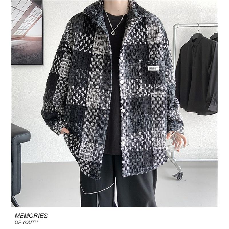 Men's Plaid Tweed Jacket Casual Button Down Shacket Coat Long Sleeve Loose Fit Streetwear Autumn Winter Fashion Outerwear