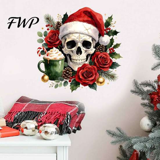 Holiday Window Clings for Glass Christmas Skull Wall Decal, Removable PVC Sticker with Santa Hat Rose Party Decor Design, Dark Bedroom Living