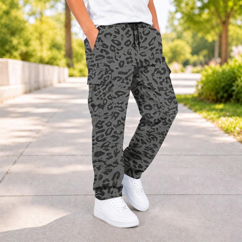 Boys Leopard Print Cargo Pants with and Pockets Casual Everyday Trousers