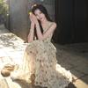 Summer Vacation Floral Printed Halter Chiffon Tiered Maxi Dress for Women Sexy V-Neck Backless Lace-up Ruffles Holiday Long Dress