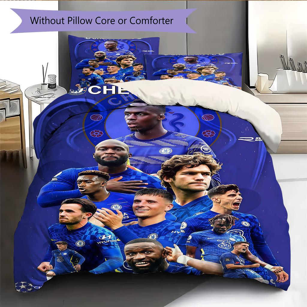 Chelsea FC Muster Bettwäsche Steppdecke Set Bettbezug Kissenbezug Heimdekoration Geburtstagsgeschenk (1 Bettbezug + 2 Kissenbezüge, ohne Füllung)