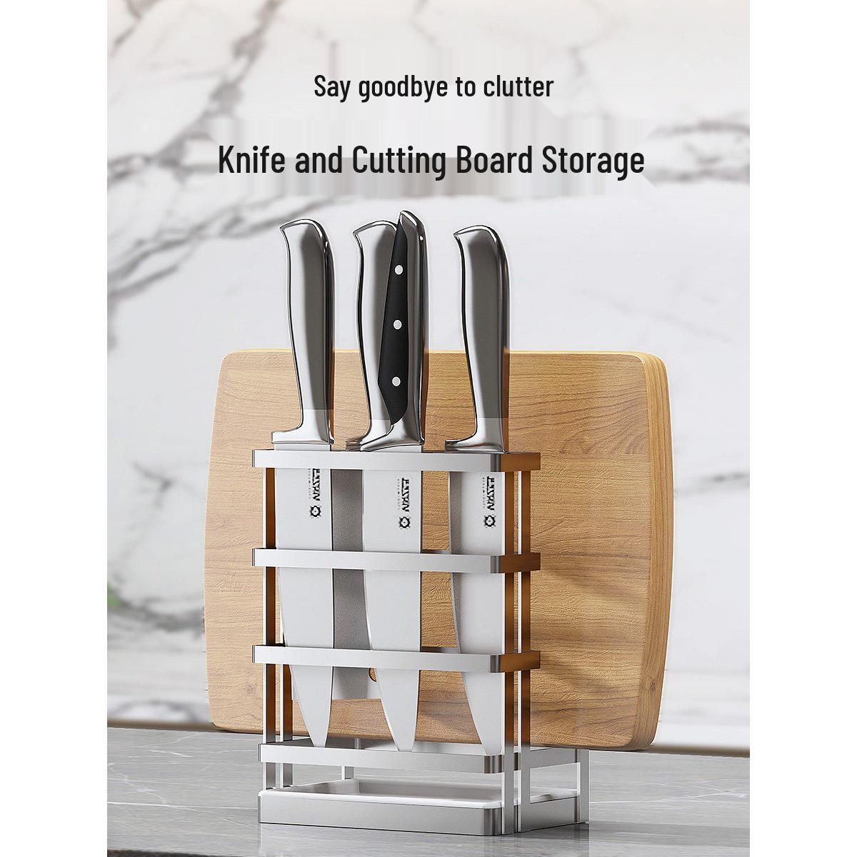 304 Stainless Steel Knife and Cutting Board Holder with Integrated Storage and Draining Rack Countertop Draining Rack