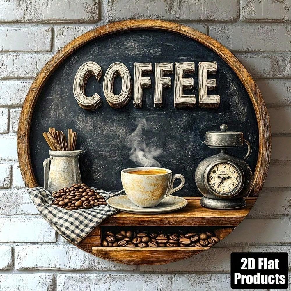 Vintage Round Metal Coffee Shop Sign, 2D Wall Art for Kitchen Cafe Home, Rustic Retro Bar Decor, Great Holiday Gift