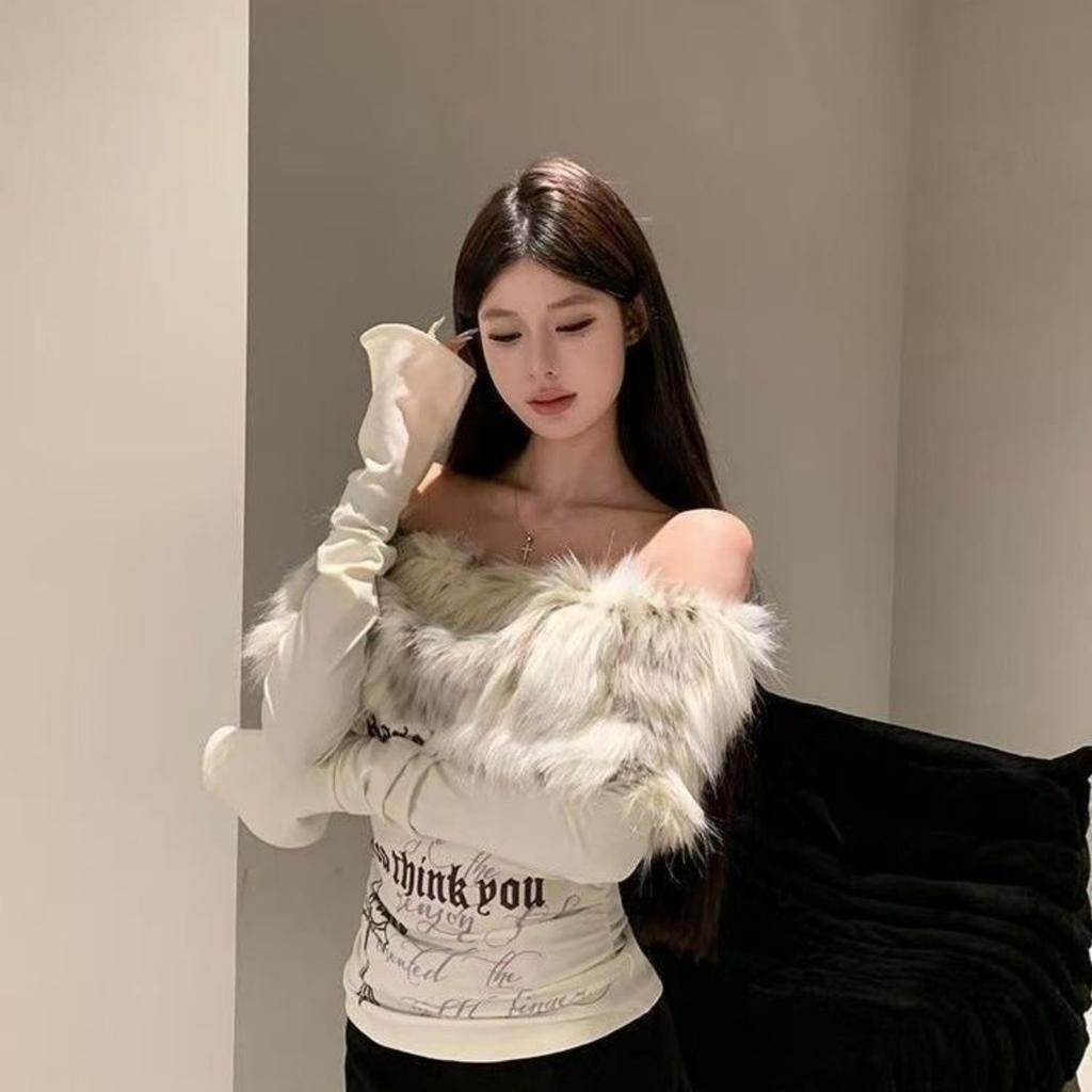VAYLA Fur Collar One-shoulder Long-sleeved Women Slim-fit Printed Pattern Off-shoulder Short Top Trendy Hot Girl Winter T-shirt Women