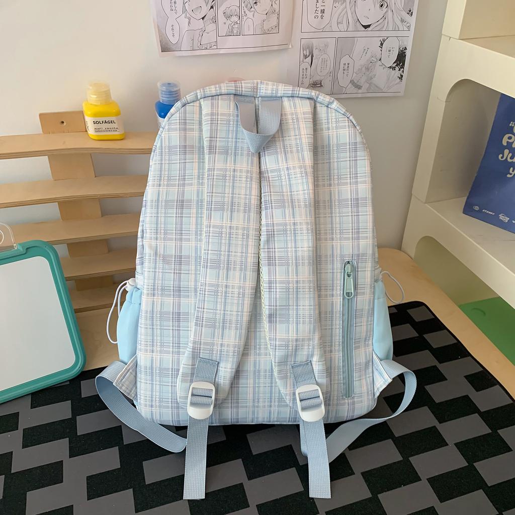 School bag: summer scorching mint soda, light blue checkered soft girl exclusive small backpack, campus sweet style student backpack