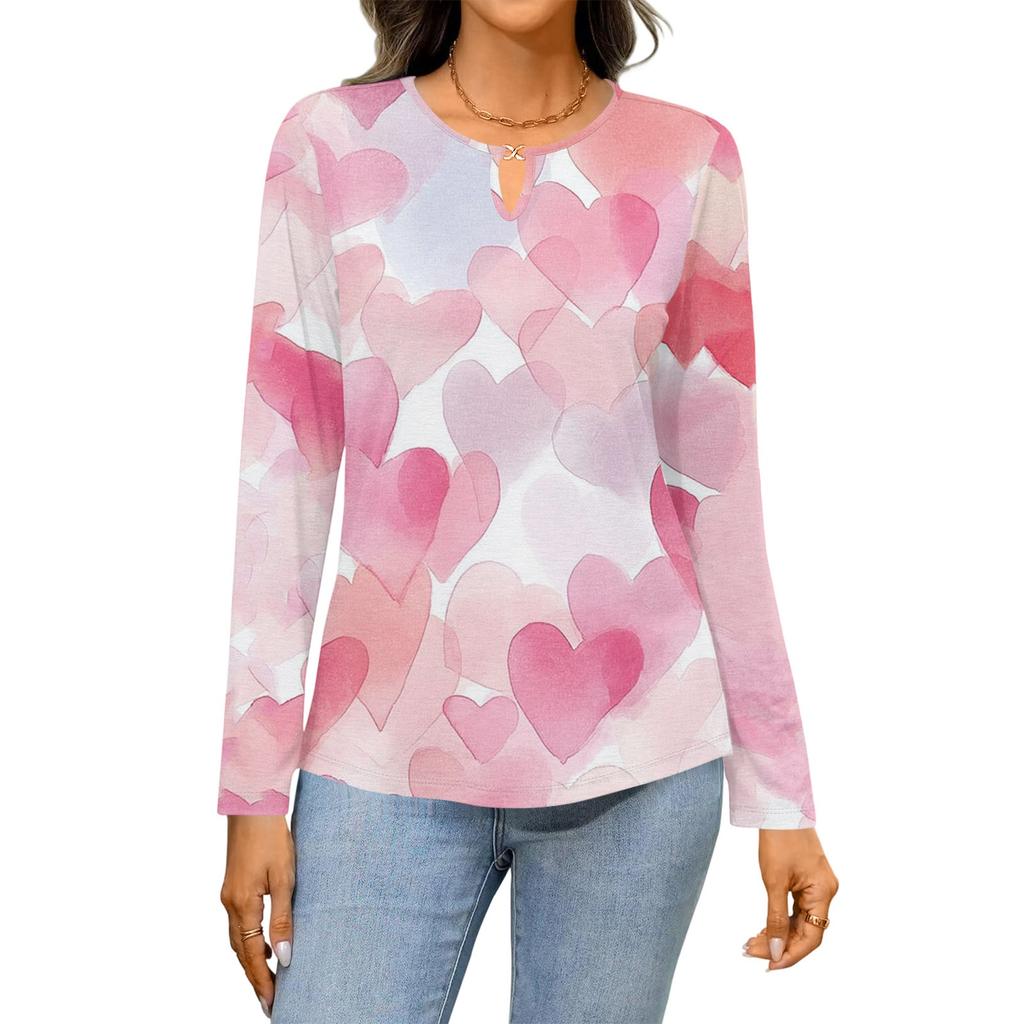 Women's Casual Round Neck Hollow,out Pullover Long Sleeve Valentine's Day Heart Print T,shirt Top