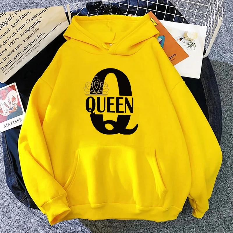 King Queen Tryck Hoodie för Kvinna Man 2025 Ny Ankomst Par Huvtröja Långärmad Pullover Hemma Utomhus Komfort Varma Sweatshirts
