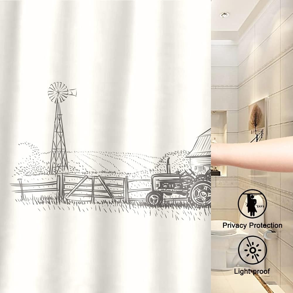 Sketch Rustic Shower Curtain Farmland Farmhouse Tractors Wooden Fence Theme for Kids Bathroom Decor Cloth Fabric Sets with Hooks Waterproof Washable