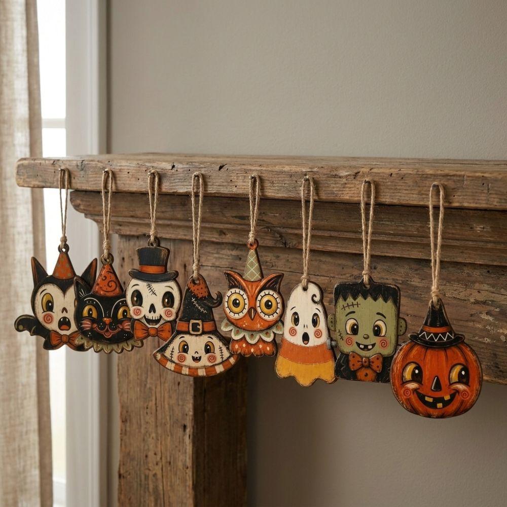 Vintage Style Wooden Black Cat Ornament Trick or Treat Halloween Tree Hanging Indoor Use