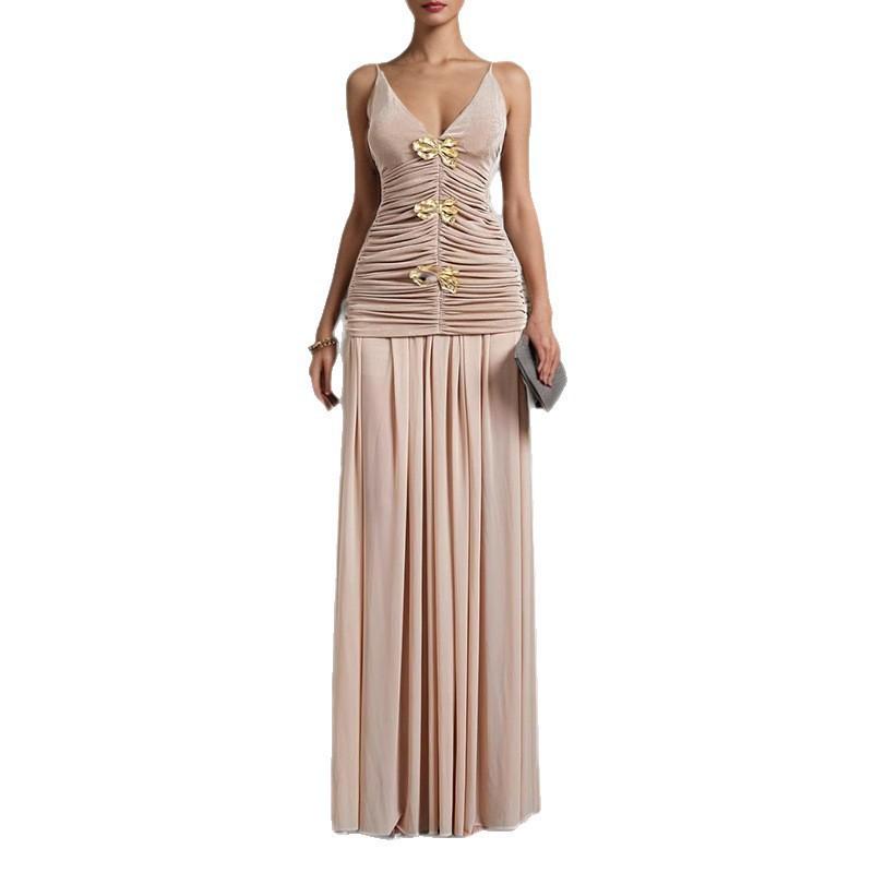 Celebrity Style Banquet Suspender Tube Top Pleated Design Champagne Skirt Dress Set Women