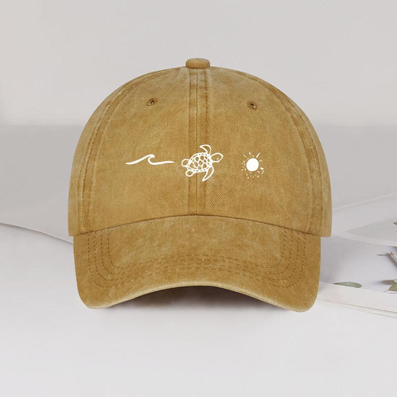 Cap With Wave, Turtle, And Sun Print – For Men And Women Adjustable Dad Cap – Summer Beach Sun Hat Vintage Washed Baseball