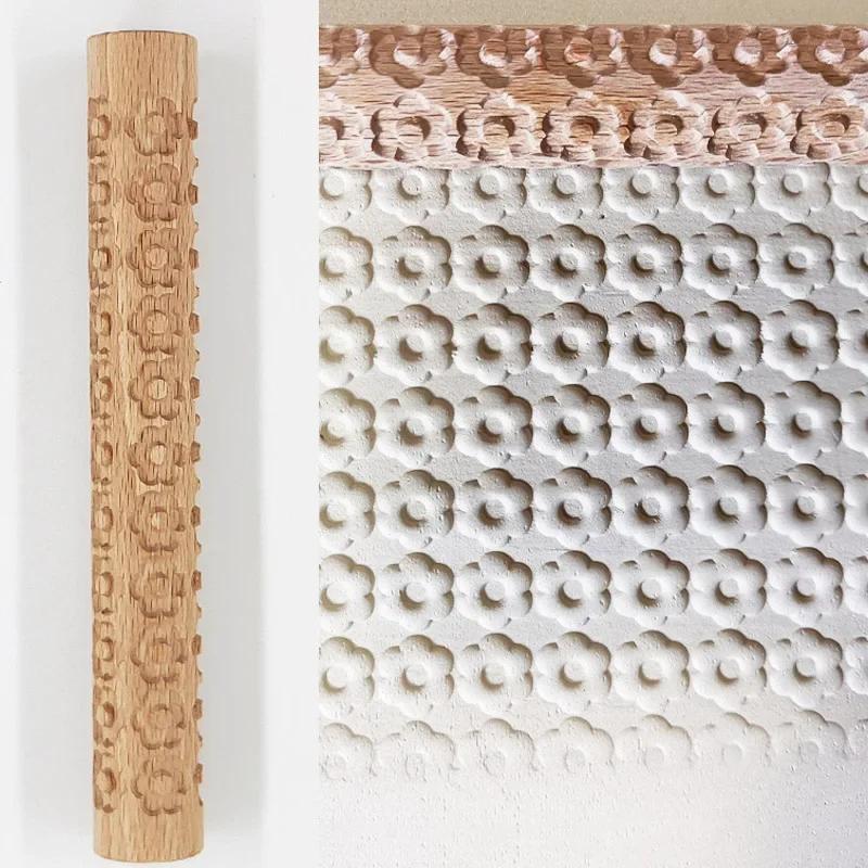 1PC Wooden Texture Rolling Pin Ceramic Pottery Art Embossed Rod Flower Pattern Mud Roll Roll Reliefs Clay Tools Stone DIY Baking