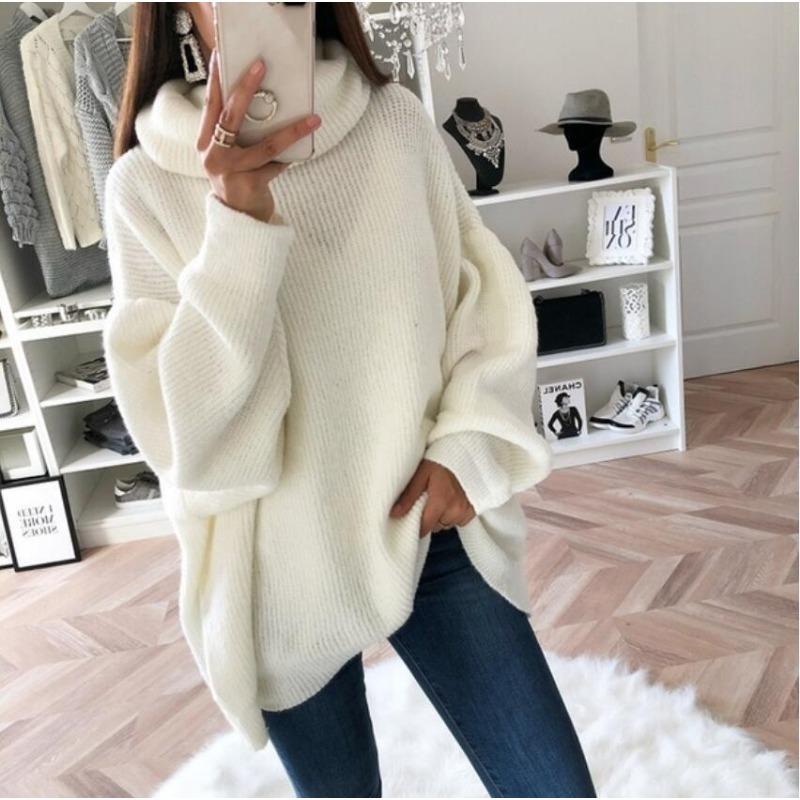 

Women s sweater solid color turtleneck knitted sweater stacked collar large size loose sweater women S белый