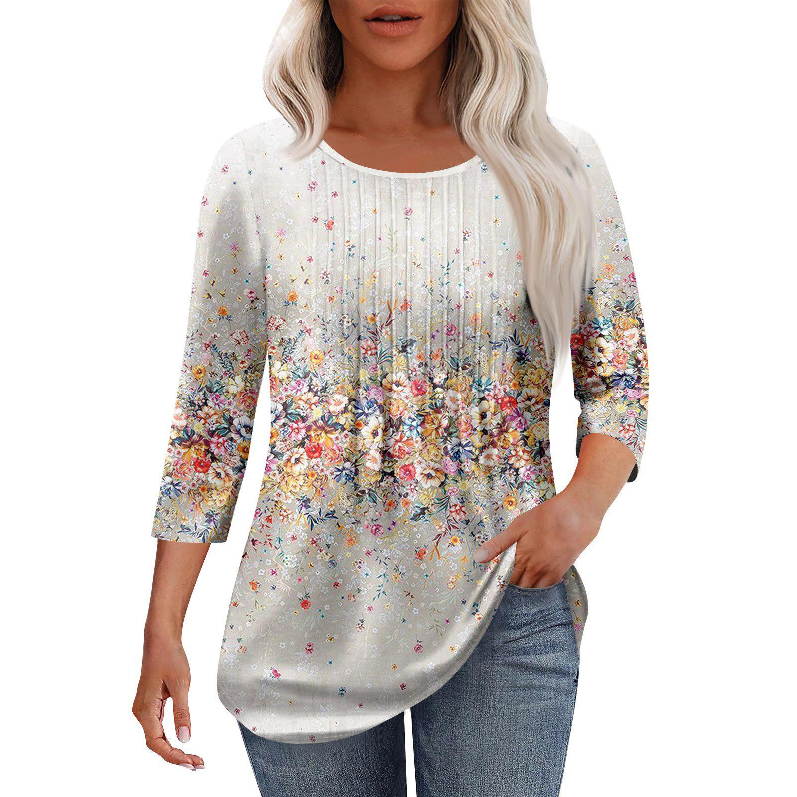 

Женская модная повседневная плиссированная футболка с круглым вырезом и принтом в стиле досуга с рукавом семь четвертей M