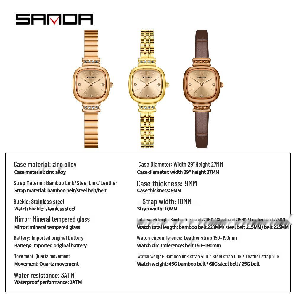 Sanda 7052 Women's Square Quartz Watch - High-End, Light Luxury with Exquisite Leather Strap