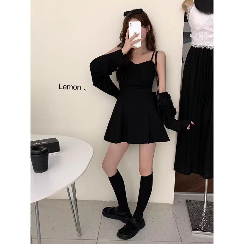 Black dress women's inner cover bottom thin suspender a word short skirt Hepburn small black dress small short skirt summer