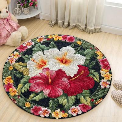 Visueller 3D Tropischer Hibiskus Plumeria Runder Teppich Lebhafter Blumenteppich Tropischer Hibiskus Boho Wohnzimmer Schlafzimmer Dekoration