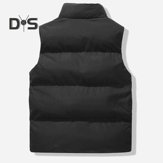 Men Windproof Vest Stand Collar Sleeveless Button Zipper Closure Waistcoat with Pockets Solid Color Thickened Down Vest Coat