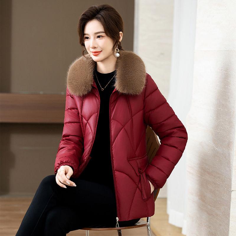 Women'S Jacket with Faux Fur Collar - Quilted Polyester Coat, Long Sleeve,Solid Color, Short Length - Casual Winter Outerwear