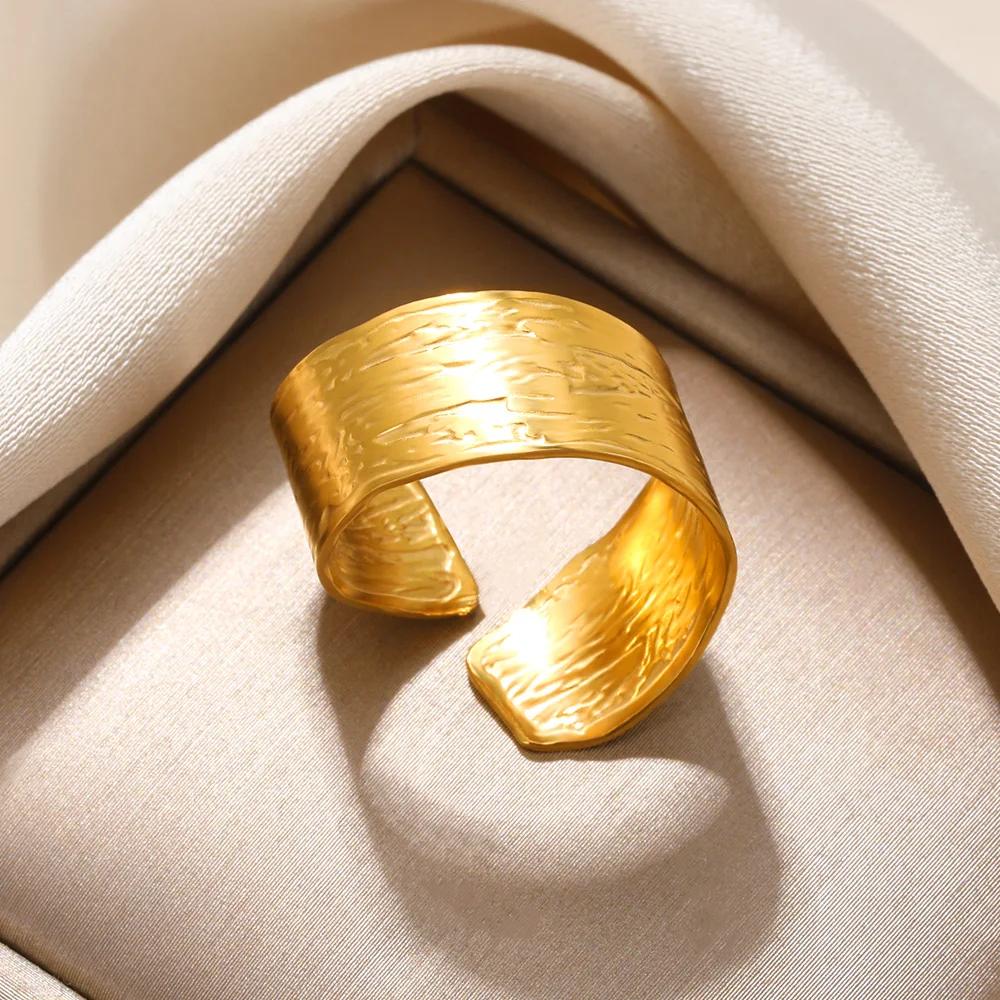 Stainless Steel Geometric Rings For Women Men Gold Color Wide Oval Jewelry Hippie Punk Opening Ring Wedding Party Gift