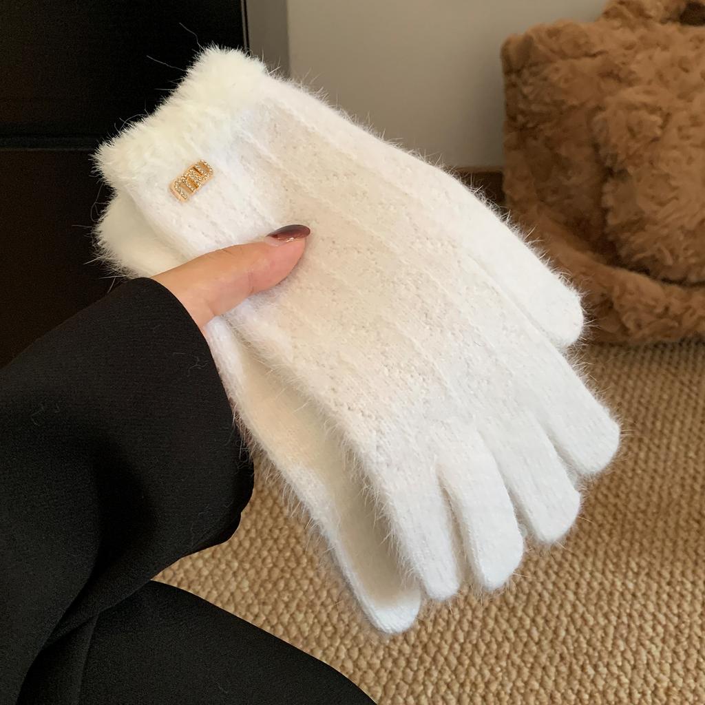 Soft Waxy Rabbit Fur Gray Knitted Wool Five Finger Thickened Warm Gloves for Women's Winter Cycling Cold and Windproof Furry
