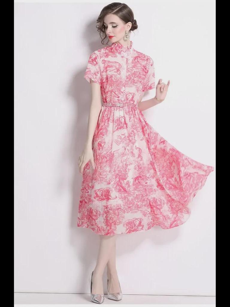 Butterfly Ink Print Slim Fit Swing Dress - Blue & White, Summer 2024